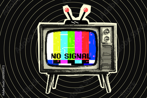 Old TV halftone cutout collage. No Signal. Mixed media design.