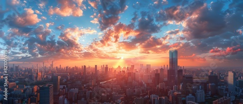 Capture a dramatic wide-angle view of a bustling city skyline at sunset Highlight modern skyscrapers against a colorful sky, Emphasize the vastness of the urban landscape