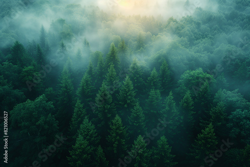 Aerial view of a misty forest at sunrise