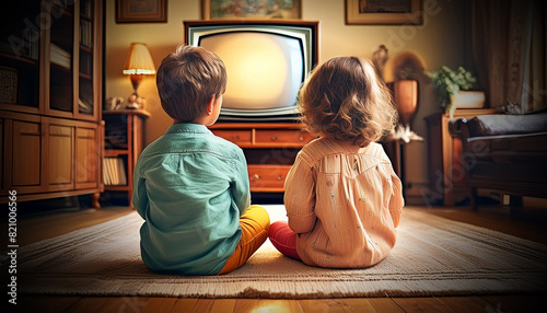 Close-up and back view of two children, a boy and a girl, sitting on the carpet of the floor watching television in retro style in a dark old-fashioned room. Generative Ai.