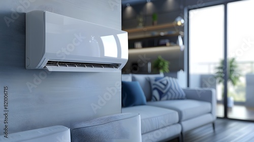 A modern home air conditioner hanging on the wall, with a living room in the background. 