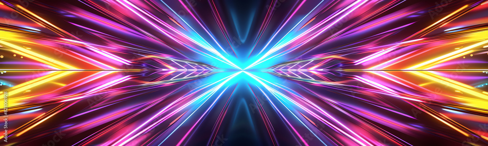 Neon lines arranged horizontally in a mirrored pattern, symmetrical, vivid colors, digital artwork, high detail Neon lines arranged horizontally in a mirrored pattern, symmetrical, vivid colors, digital artwork, high detail