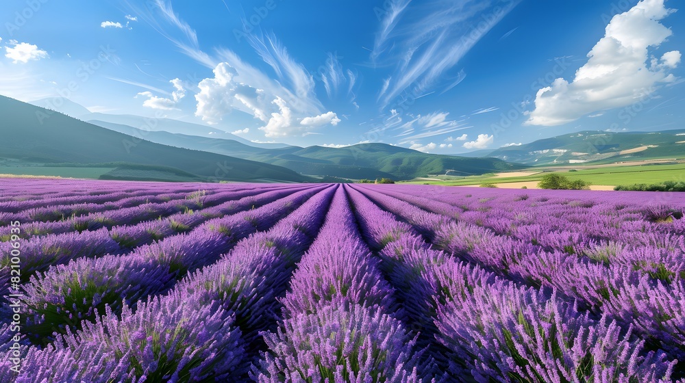 A panoramic view of lavender fields in full bloom, with rows upon rows stretching to the horizon under a bright blue sky.
A panoramic view of lavender fields in full bloom, with rows upon rows stretching to the horizon under a bright blue sky.