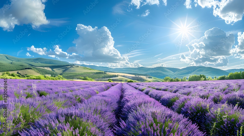 Obraz premium A panoramic view of lavender fields in full bloom, with rows upon rows stretching to the horizon under a bright blue sky. 