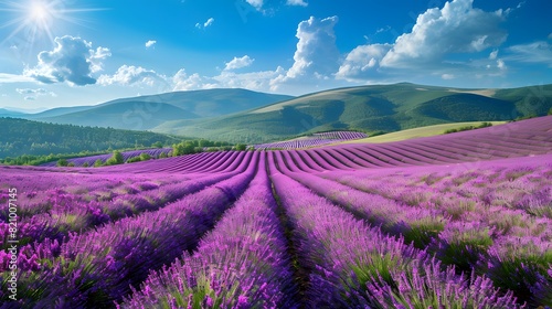 A panoramic view of lavender fields in full bloom, with rows upon rows stretching to the horizon under a bright blue sky. 