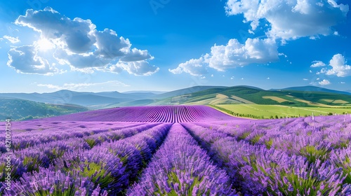 A panoramic view of lavender fields in full bloom  with rows upon rows stretching to the horizon under a bright blue sky. 