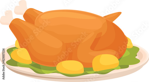 Vector illustration of a cooked turkey on a platter with garnish, perfect for holiday themes