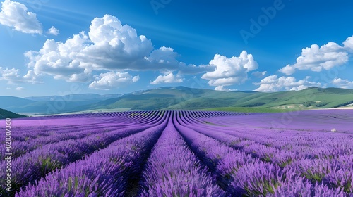A panoramic view of lavender fields in full bloom, with rows upon rows stretching to the horizon under a bright blue sky. 