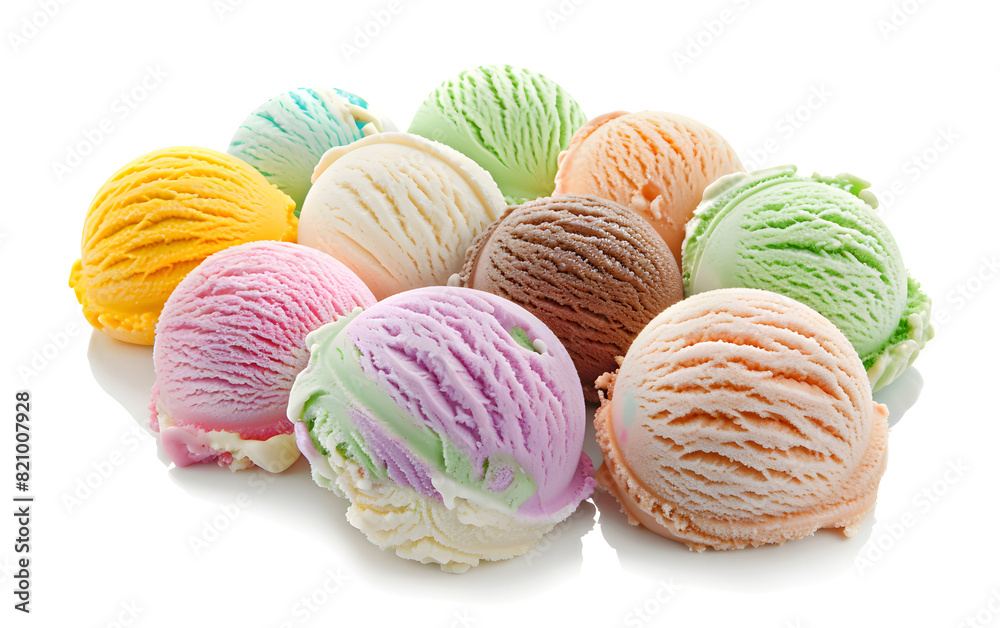 Colorful ice cream scoops on a white background, perfect for summer parties and treats. Colorful ice cream scoops on a white background, perfect for summer parties and treats.