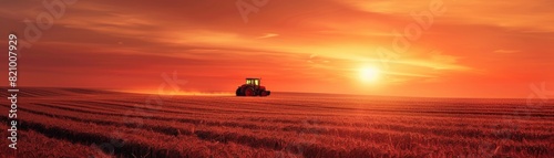 A red tractor standing on a hill at a colorful sunset.