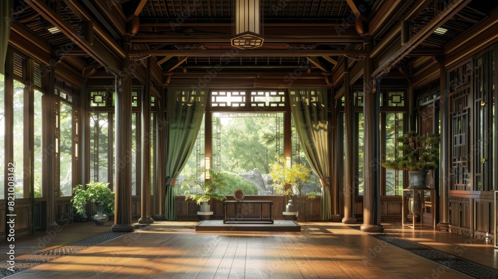 the expansive wooden room of an ancient Chinese house, adorned with a verdant green curtain on one side and offering a breathtaking view of the forest through the window.