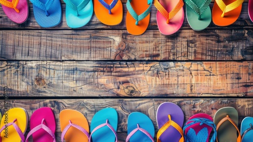 A colorful array of flip flops displayed on a rustic wooden table. The electric blue and magenta hues create an eyecatching pattern, perfect for a summer event snapshot AIG50