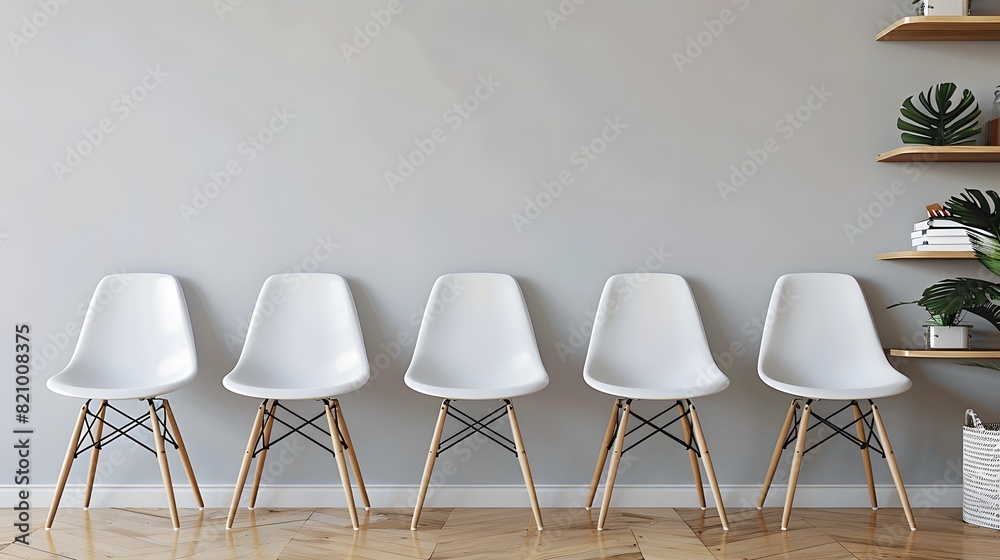 Obraz premium A row of white chairs in front of an empty wall with shelves and office supplies on the right side, creating space for text or images. 
