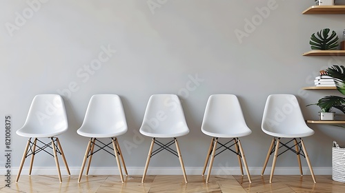 A row of white chairs in front of an empty wall with shelves and office supplies on the right side  creating space for text or images. 