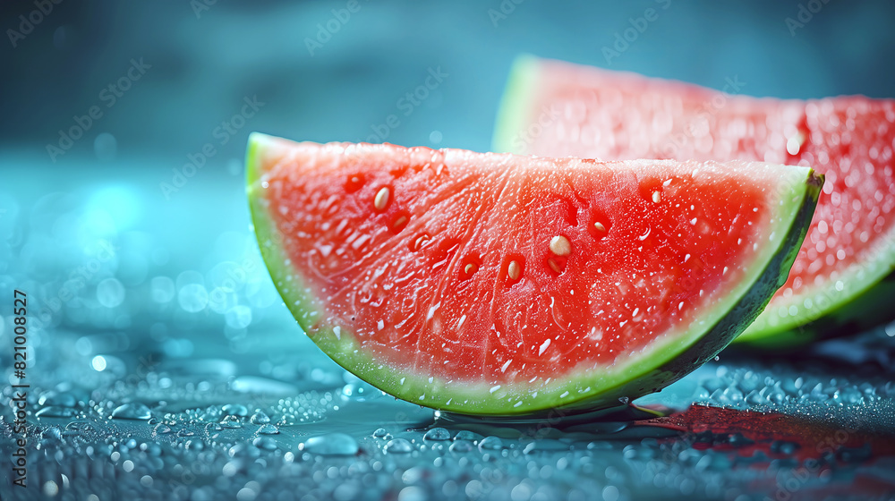 Close-up of ripe and juicy watermelon slices on blue bavkground. Close-up of ripe and juicy watermelon slices on blue bavkground.