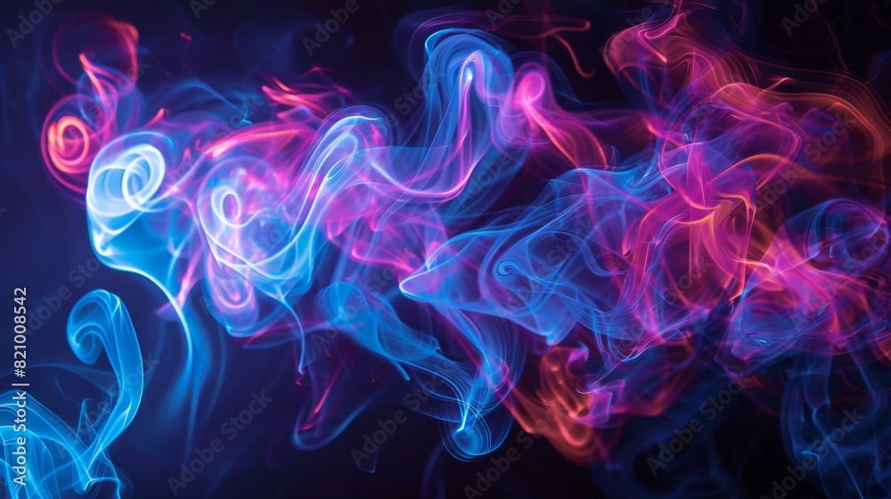 Artistic depiction of neon-colored cigarette smoke in a dark room. Artistic depiction of neon-colored cigarette smoke in a dark room.