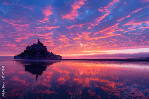Mont Saint-Michel silhouetted against a vibrant sunrise over the bay © Venka