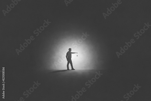 Illustration of man with lamp walking illuminating his path, surreal abstract concept