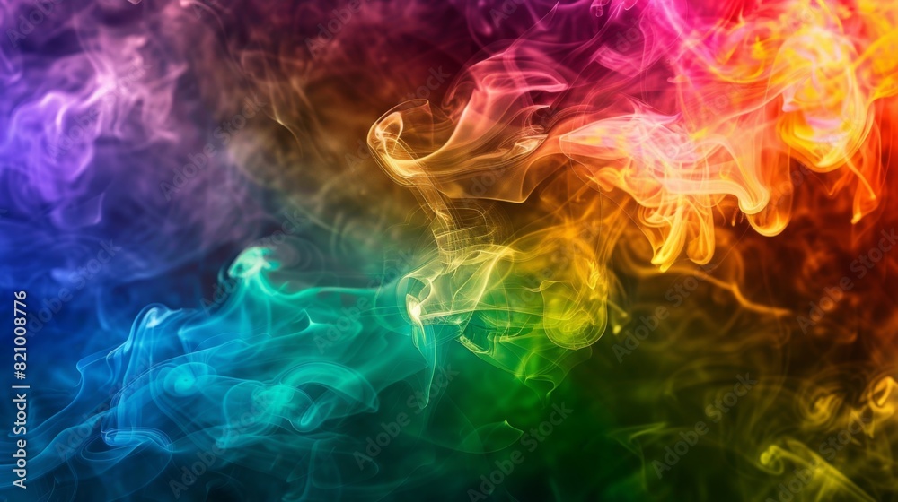 Artistic shot of cigarette smoke in rainbow colors blending together.