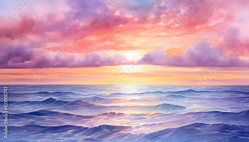 Beautiful painting of a tranquil sunset over the ocean with colorful clouds reflecting on gentle waves  creating a serene and peaceful atmosphere.