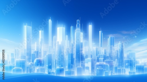 Futuristic Metropolis with Glass Skyscrapers Under a Bright Blue Sky