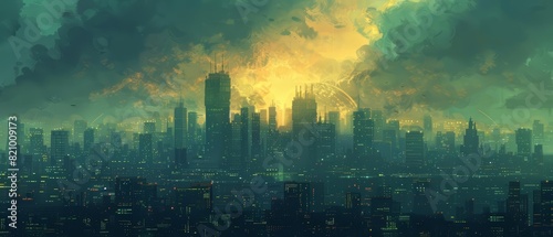 Create a frontal view of a dystopian cityscape, enveloped in an atmospheric background, using impressionistic style photo