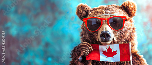 A bear wearing sunglasses and proudly holding a Canadian flag in its paw photo