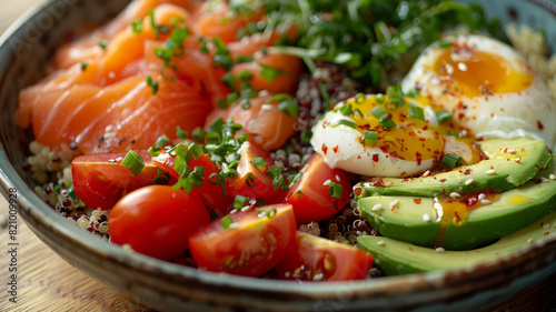 A close-up of a bowl with salmon, cherry tomatoes, avocado, poached egg, and quinoa, topped with fresh herbs.