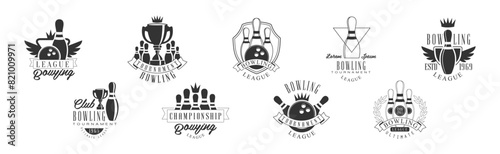Bowling Tournament League Monochrome Label and Logo Design Vector Set
