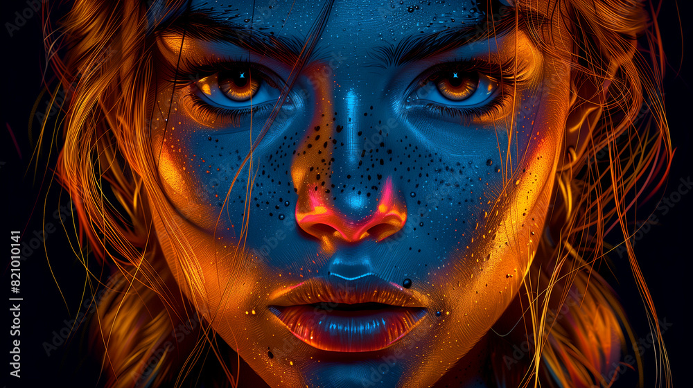 A woman with a blue face and orange hair A woman with a blue face and orange hair