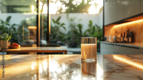 A glass of milk on a marble countertop in a modern kitchen during morning light.