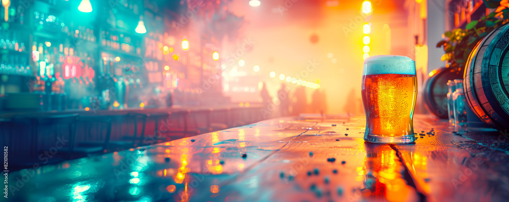 Obraz premium A glass of beer sits on a bar counter in a dimly lit bar