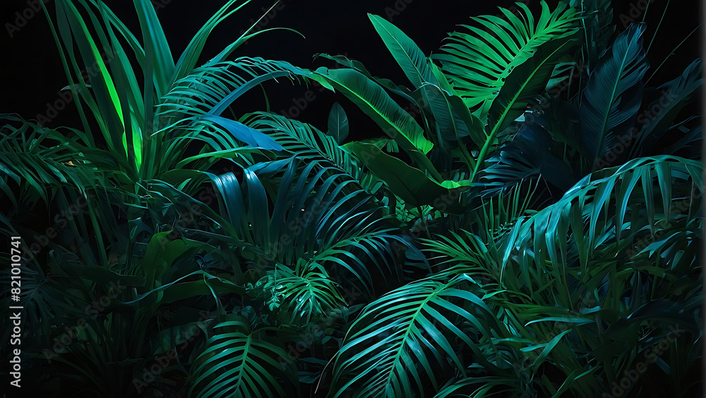 Fototapeta premium Lush Green Indoor Plants Under Blue Lighting 