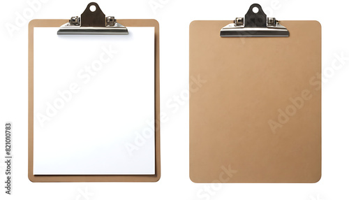 Two wooden clipboards, one with a blank white sheet of paper and the other completely blank, both with black metal clips at the top
