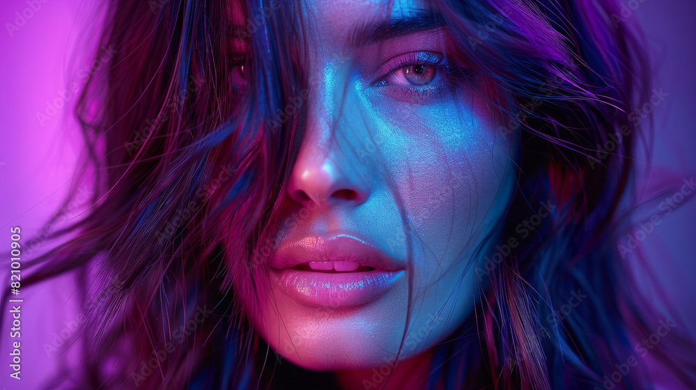 Young woman with neon lights in a close-up portrait. Young woman with neon lights in a close-up portrait.