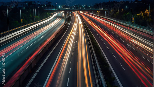 Urban Night Traffic Trails Long Exposure Lights on Overpass in City Center