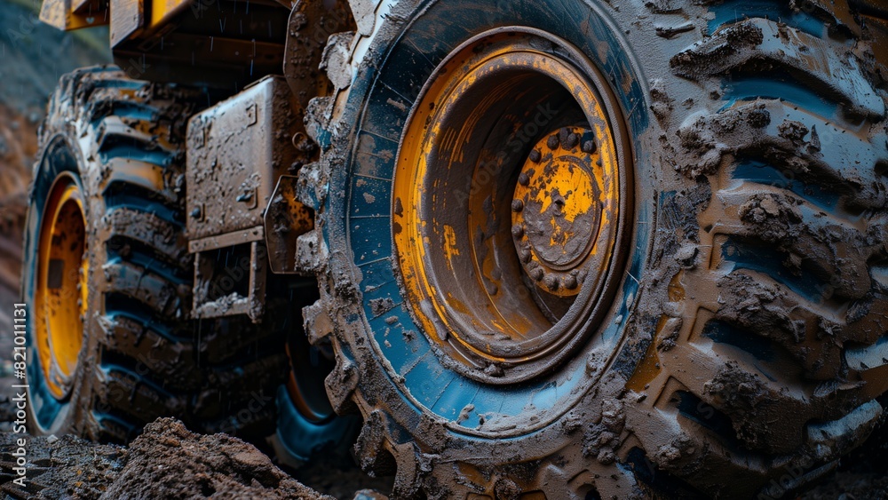 A closeup shot of the tires on an enormous, heavy vehicle used for construction work.