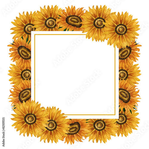 Watercolor sunflowers frame. Square frame with yellow flowers. Summer floral composition.  Autumn flowers arrangement. Hand drawn botanical illustration. Design element for postcard, invitation, logo.