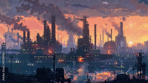 Futuristic industrial complex, facing forward, set against a moody, dystopian sky