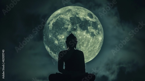 Buddha statue silhouette against a full moon in a dark  serene night sky.