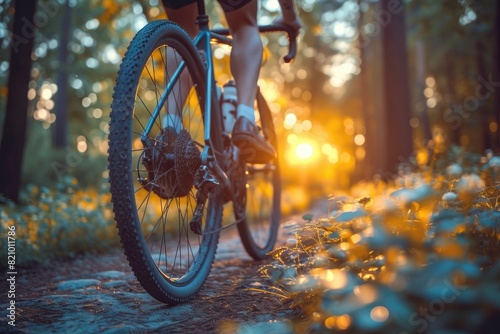 Close-up of a cyclist's legs and bike as they ride through a forest at sunset. The golden light casts a warm glow on the scene. © Atchariya63