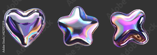 3D chrome y2k shape set, vector neon  liquid star, futuristic metal glossy heart steel sticker. Future galaxy retro aesthetic trendy objects cyber metallic reflection cosmic collection. 3D chrome art
