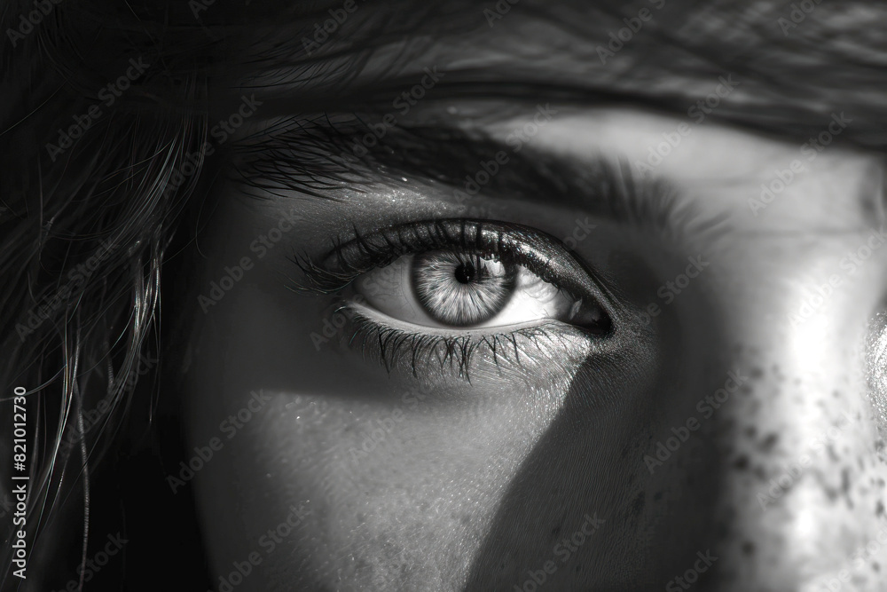 Fototapeta premium Macro black and white photo of a woman's eye with creative makeup