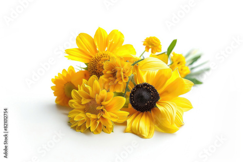 Bright bouquet of yellow flowers on white background