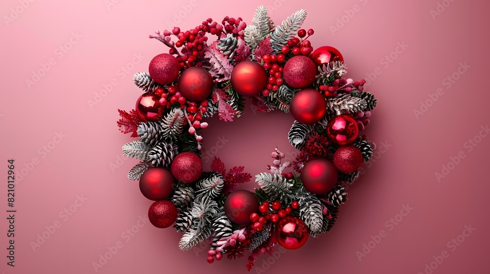 Christmas wreath with red ornaments and berries on a pink background.
Christmas wreath with red ornaments and berries on a pink background.
