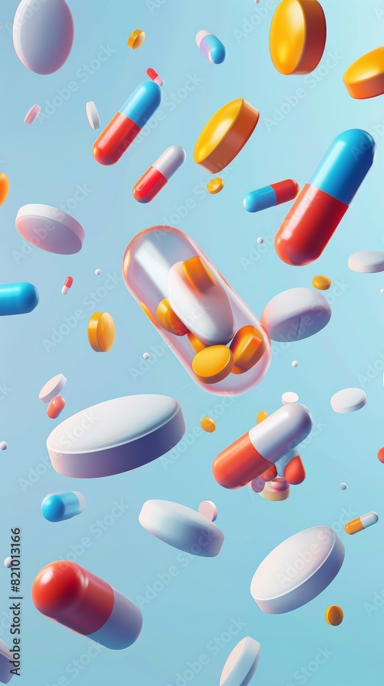 3D Vector Illustration of Flying Pills and Bottles 3D Vector Illustration of Flying Pills and Bottles