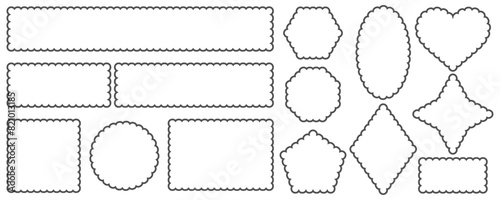 Scallop edge frame. Rectangle and circle outline shapes. Vector square border with lace pattern. Oval frill cute box. Geometric wavy stickers and squiggle vintage labels.