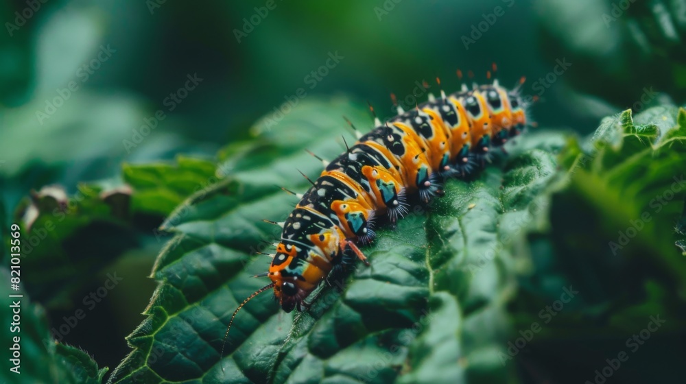 Caterpillar crawling on a leaf, getting ready to transform into a butterfly.