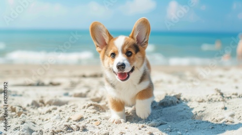 Cheerful corgi puppy with perky ears frolicking on a sandy beach. © Plaifah