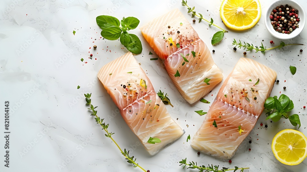Fish fillets on a white marble background with lemon and herbs, viewed from above in a flat lay. A composition suitable as an advertising banner.
Fish fillets on a white marble background with lemon and herbs, viewed from above in a flat lay. A composition suitable as an advertising banner.
